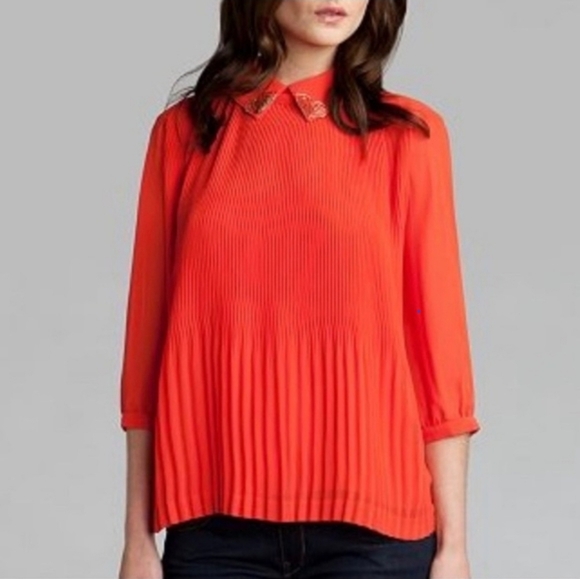 Ted Baker Tops - Ted Baker Coral Red Pleated Blouse with Butterfly Collar Detail 2 Medium